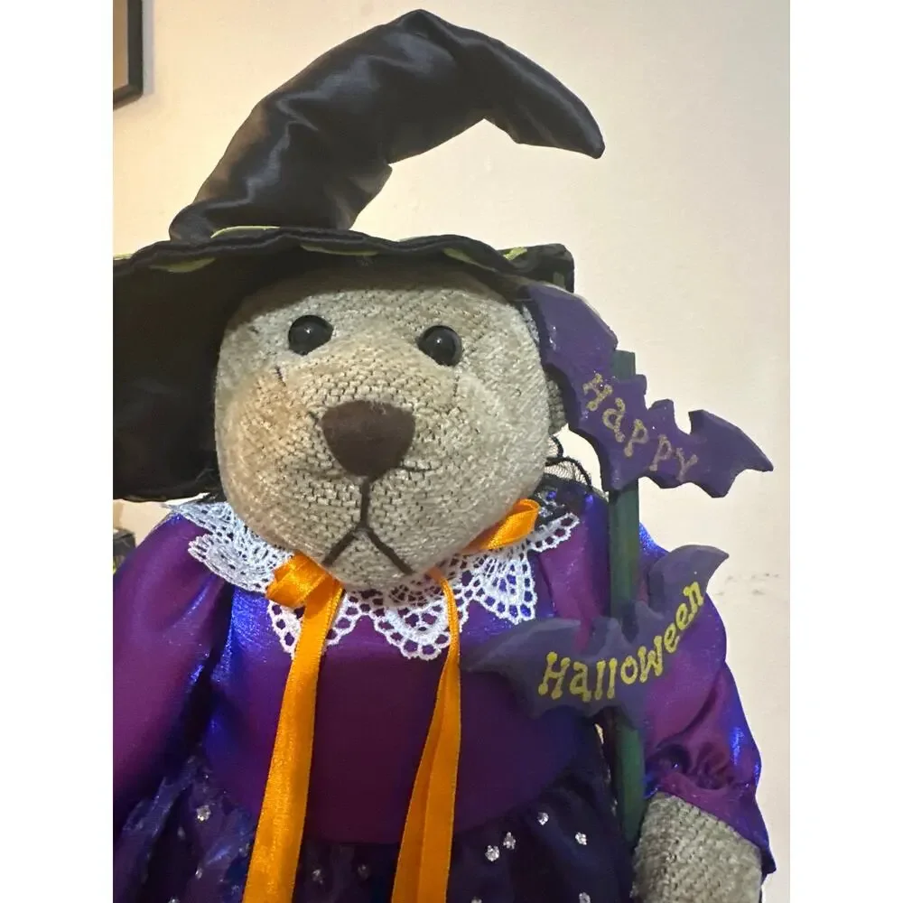 Vint plush teddy bear dressed in purple &black Halloween witch w/web &spider New